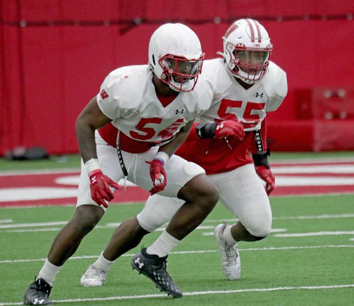 Wisconsin inside linebackers Jordan Turner and Maema Njongmeta taking part in spring practice. (Credit: Mike De Sisti / Milwaukee Journal Sentinel / USA TODAY NETWORK)